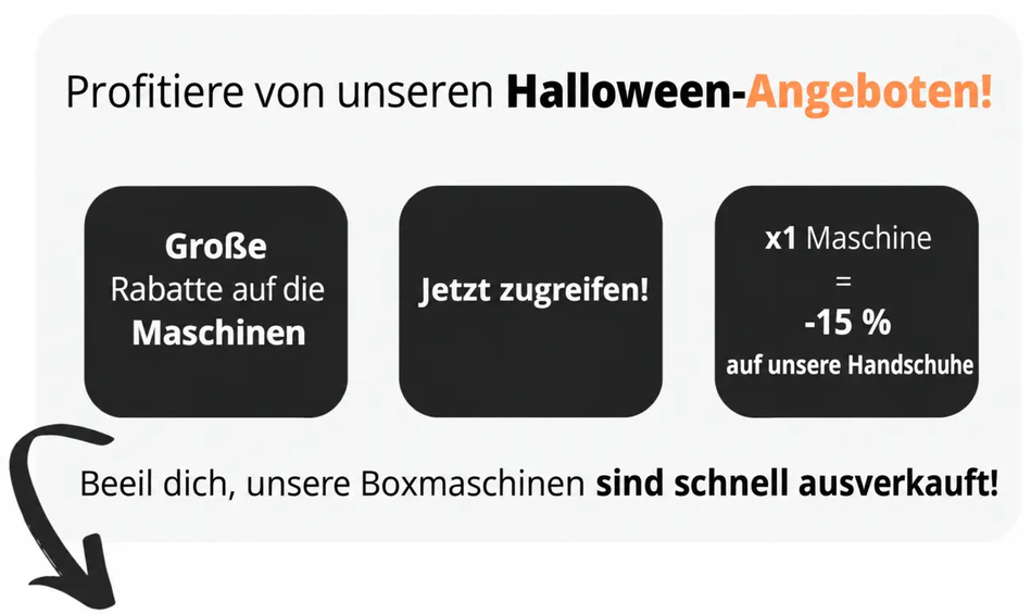 Halloween-Angebote: große Rabatte auf die Maschinen, -15 % auf Handschuhe