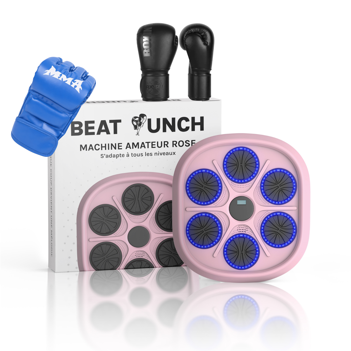1x Machine Amateur Rose + 1 Paire de Gants MMA (Bleu) + 1 Paire de Gants Classiques (8oz)
